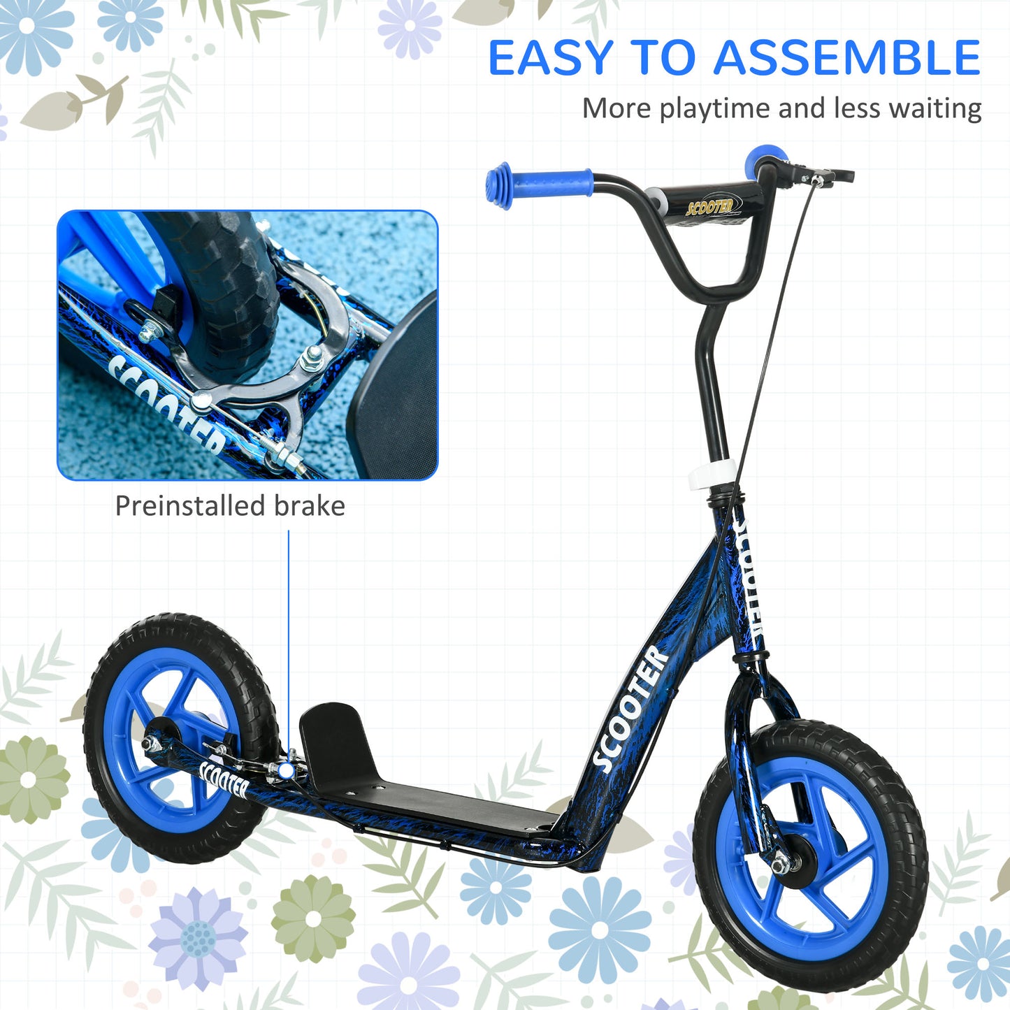 AIYAPLAY Kids Scooter with Adjustable Handlebar, Children's Kick Scooter with Non-slip Footplate, Rear Brake, Kickstand, Blue--ChewyGames-ChewyGames