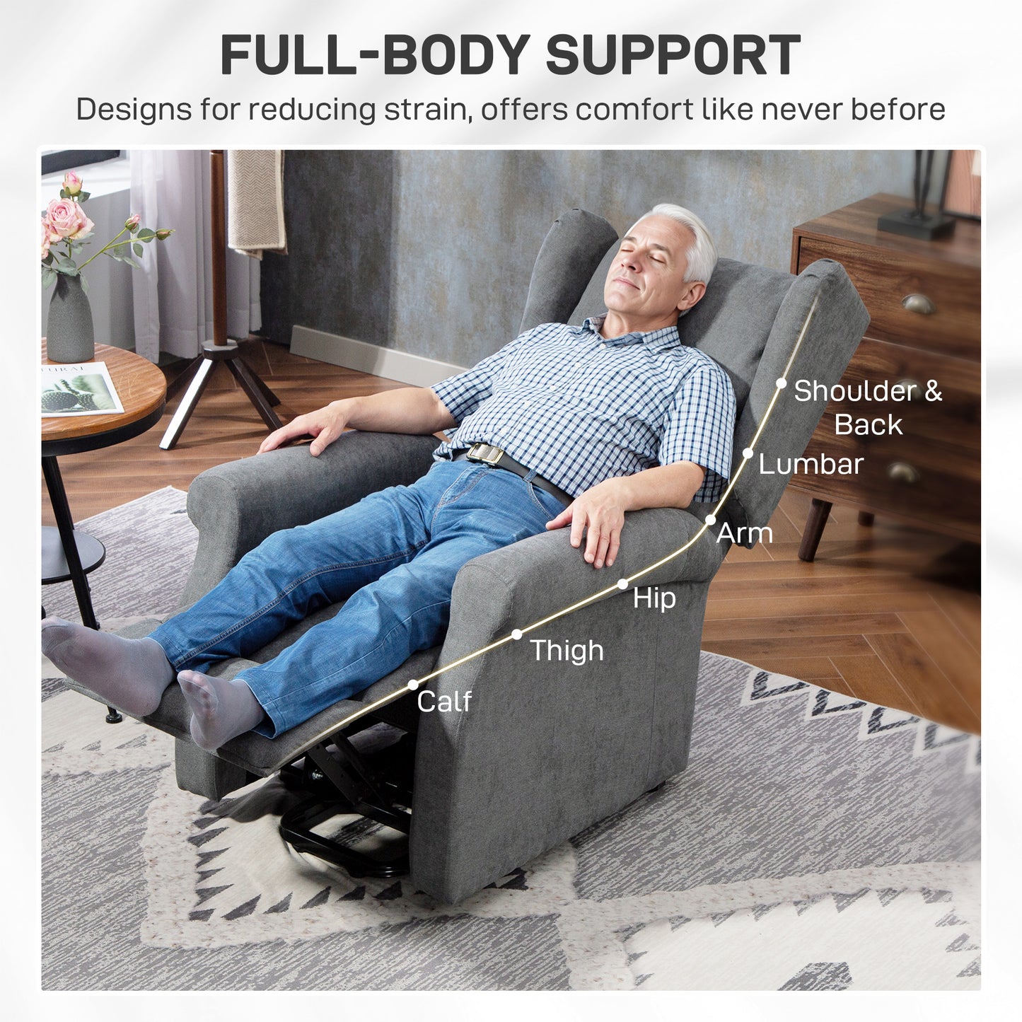HOMCOM Power Lift Recliner Armchair, Electric Lift Chair for Elderly, Fabric Riser and Reclining Chair with Remote Control, Side Pockets, Extended Footrest, for Living Room, Charcoal Grey