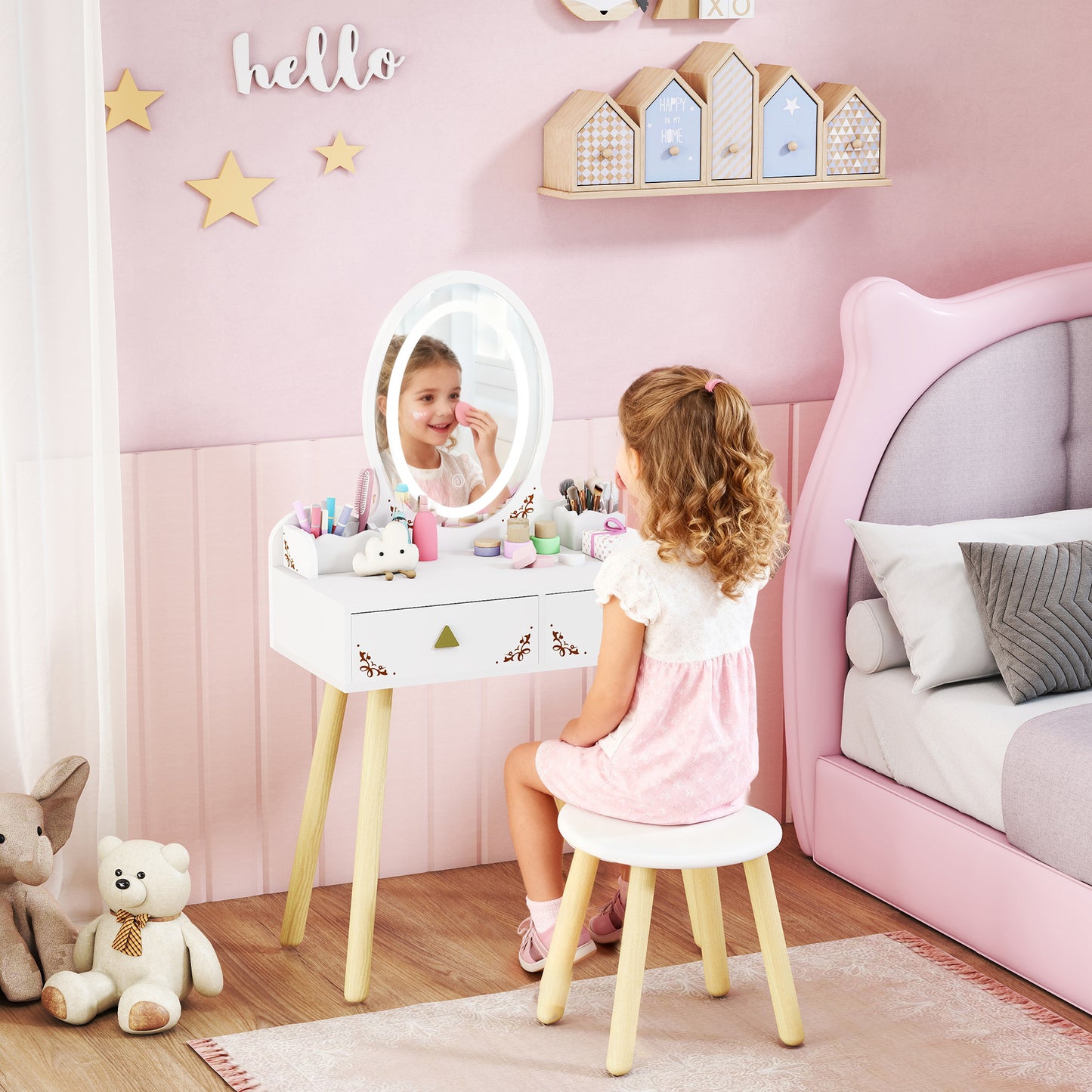 AIYAPLAY Kids Vanity Table and Chair Set with 3-Colour LED Lights Mirror, Drawer, Storage Boxes, for 3+ Years, White