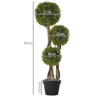 HOMCOM Set of 2 Decorative Artificial Tree Boxwood Ball Topiary Tree in Pot, Fake Plant for Home Indoor Outdoor Decor, 90 cm, Light Green