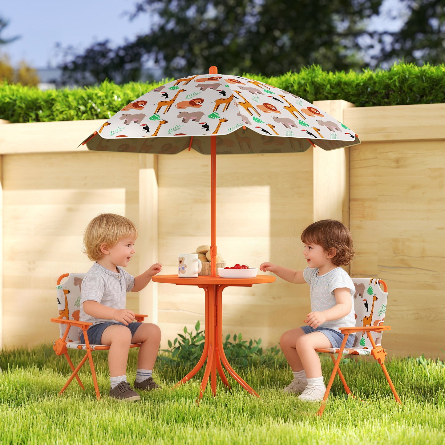 AIYAPLAY Kids Patio Set, Children Table and Chair Set, Outdoor Picnic Table with 2 Folding Chairs and Umbrella, Orange--ChewyGames-ChewyGames