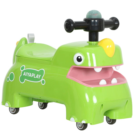 AIYAPLAY Kids Ride On Car, Dinosaur Foot to Floor Slider with Storage, Toddler Walker with Light, Sounds, Green