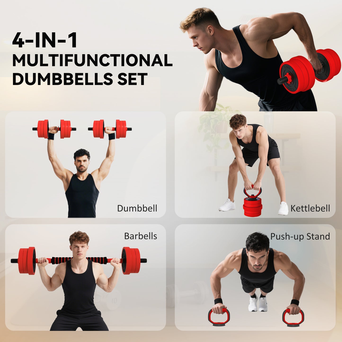 SPORTNOW 20kg 6-In-One Adjustable Weight Dumbbells Set, Barbell, Kettlebell, Push Up Stand - Red
