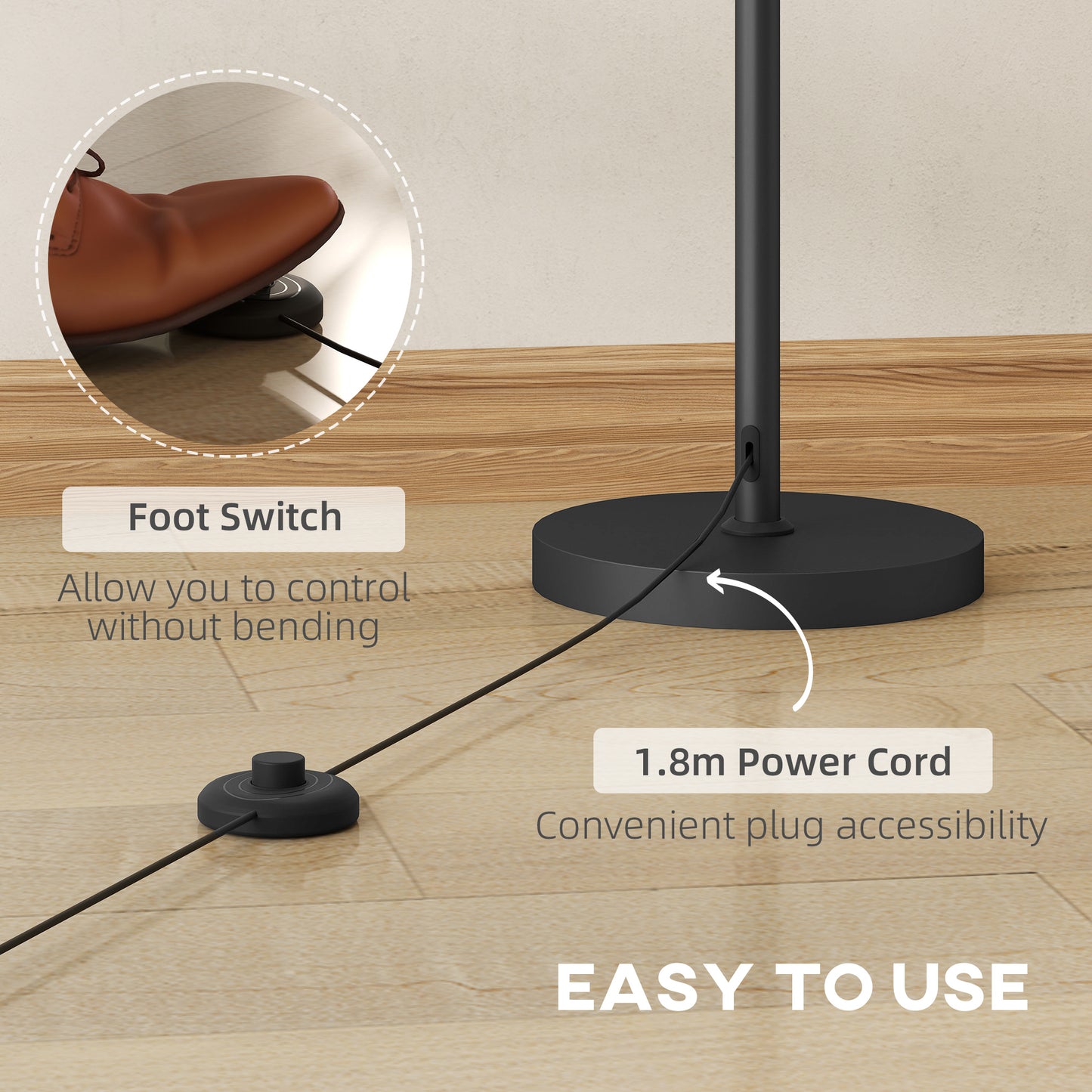 HOMCOM Floor Lamp, 165 cm Tall Standing Lamp with 3 Light and Foot Switch for Living Room, Bedroom, Bedside, Office, E27 Base Without Bulb (40W Max)