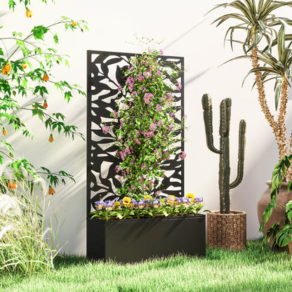 Outsunny Metal Garden Bed with Trellis, Wall Mounted or Freestanding Raised Planter with Privacy Panel, Black