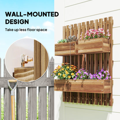 Outsunny Set of 2 Wall-mounted Wooden Garden Planters with Trellis, Drainage Holes and Movable Planter Boxes, Wall Raised Garden Bed for Patio, Carbonised