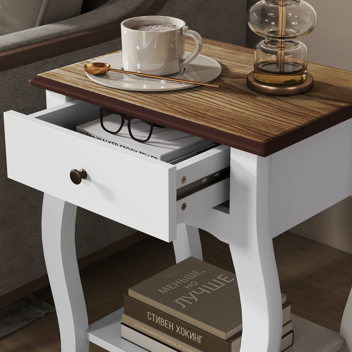 HOMCOM 2pcs Bedside Tables with Drawer, French Style Bedside Cabinets with Open Shelf for Bedroom, Living Room, White
