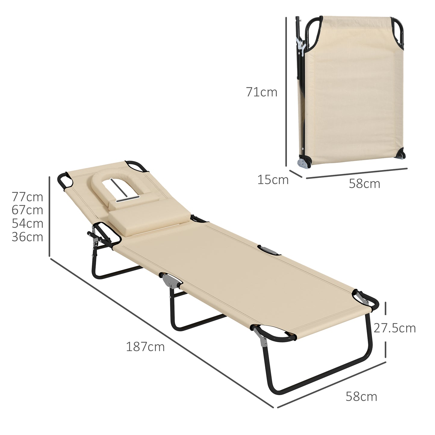 Outsunny Folding Sun Loungers Set of 2 with Face Hole, 4-Position Adjustable Backrest Garden Recliner Chairs Sunbeds, Outdoor Lounge Chairs with 600 D Oxford Cloth Seat, Pillow for Beach, Sand