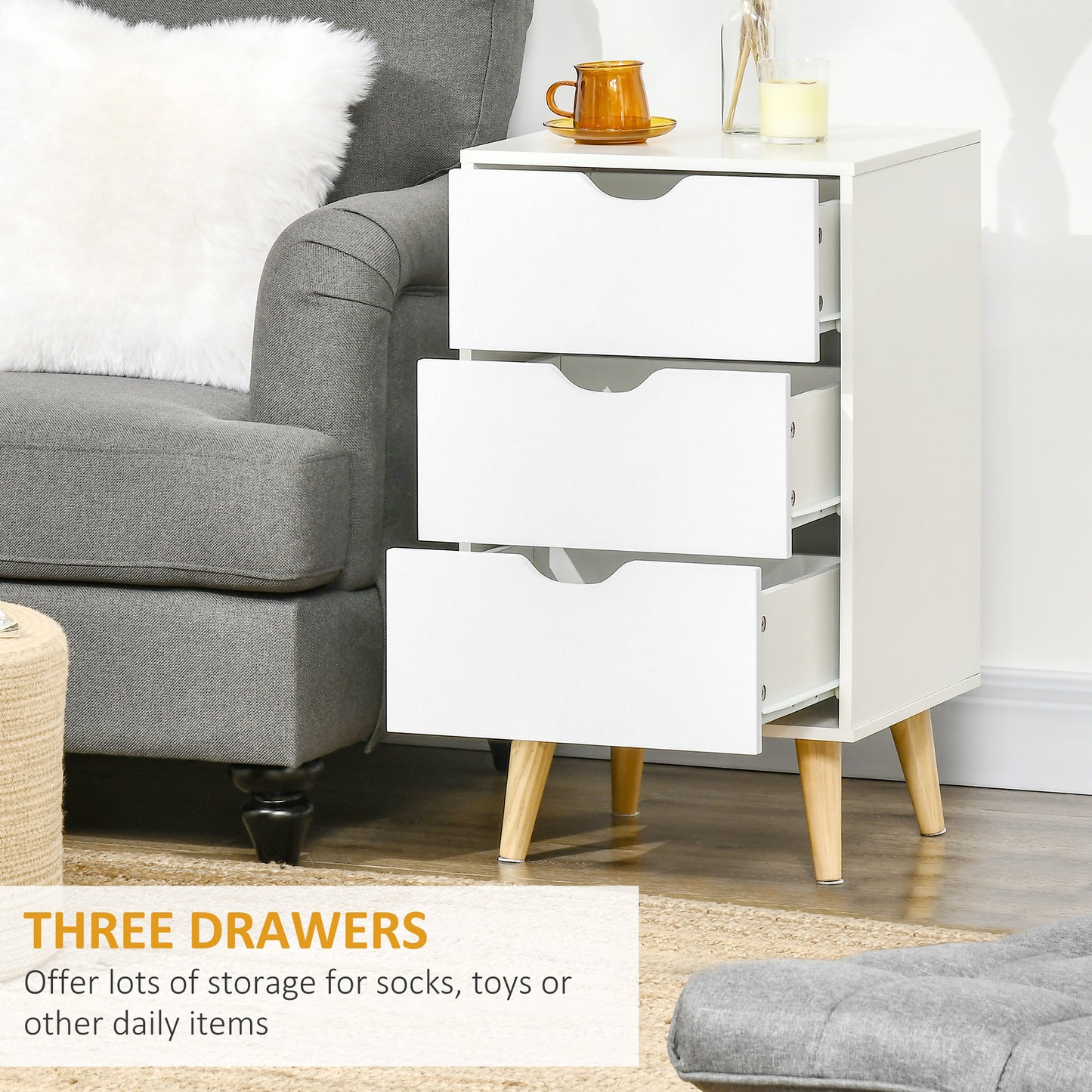 HOMCOM Bedside Table, Bedside Cabinet with 3 Drawers, Side End Table with Pine Wood Legs for Bedroom Living Room, White