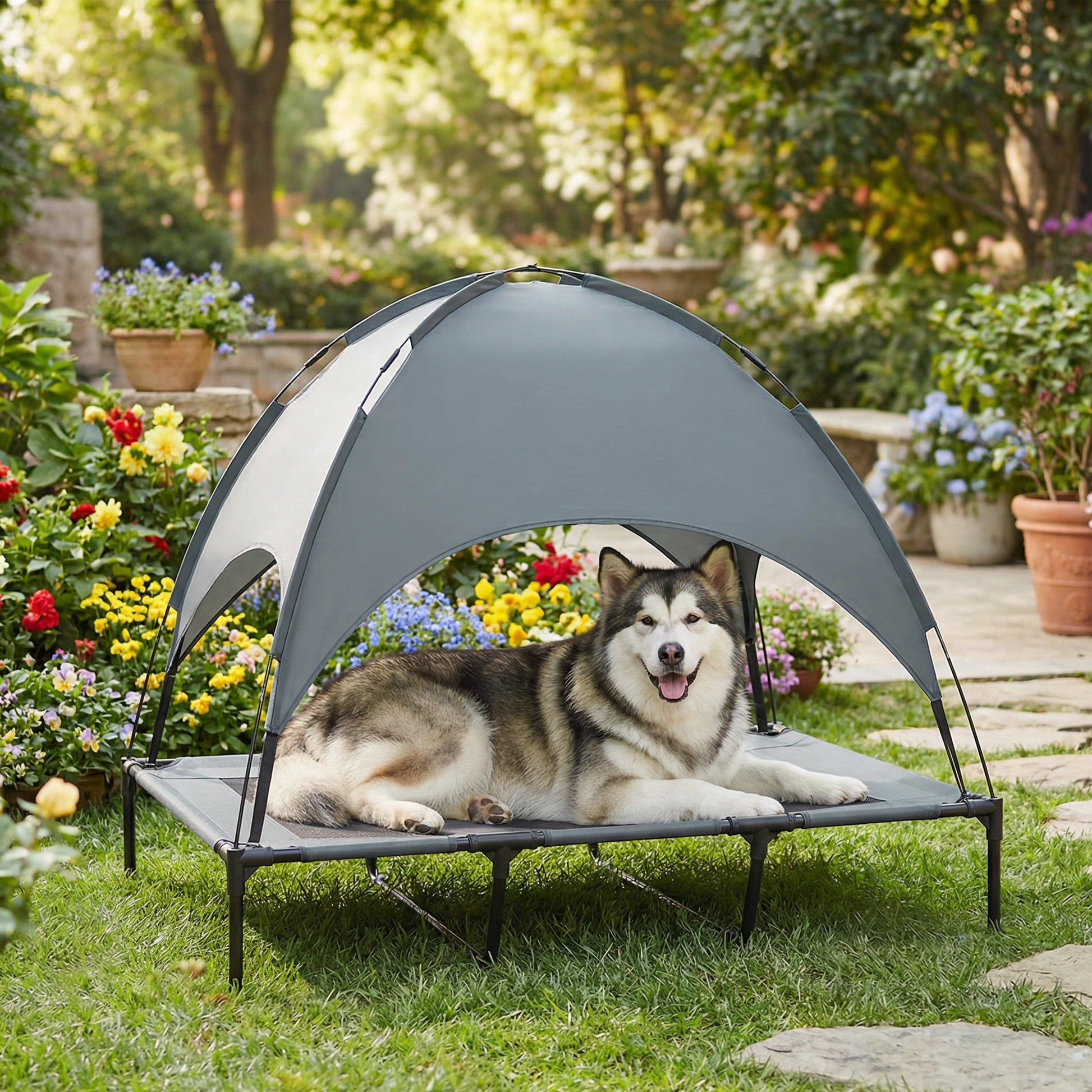 PawHut Outdoor Dog Bed with Removable Canopy, Portable Raised Dog Bed for Camping, Garden & Beach, Water-Resistant UV-Protection Mesh Pet Cot Sun Lounger, for XL Pets, 122 x 92 x 108 cm, Grey-Pet Cots-ChewyGames-ChewyGames
