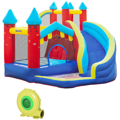 Outsunny Kids Bouncy Castle, with Slide, Pool, Trampoline, Climbing Wall, Blower