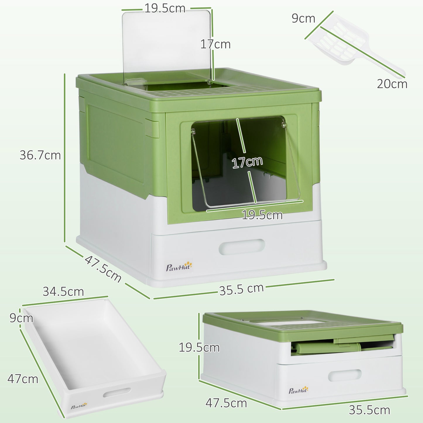 PawHut Hooded Cat Litter Box, Portable Pet Toilet, with Scoop, Front Entry - Emerald Green