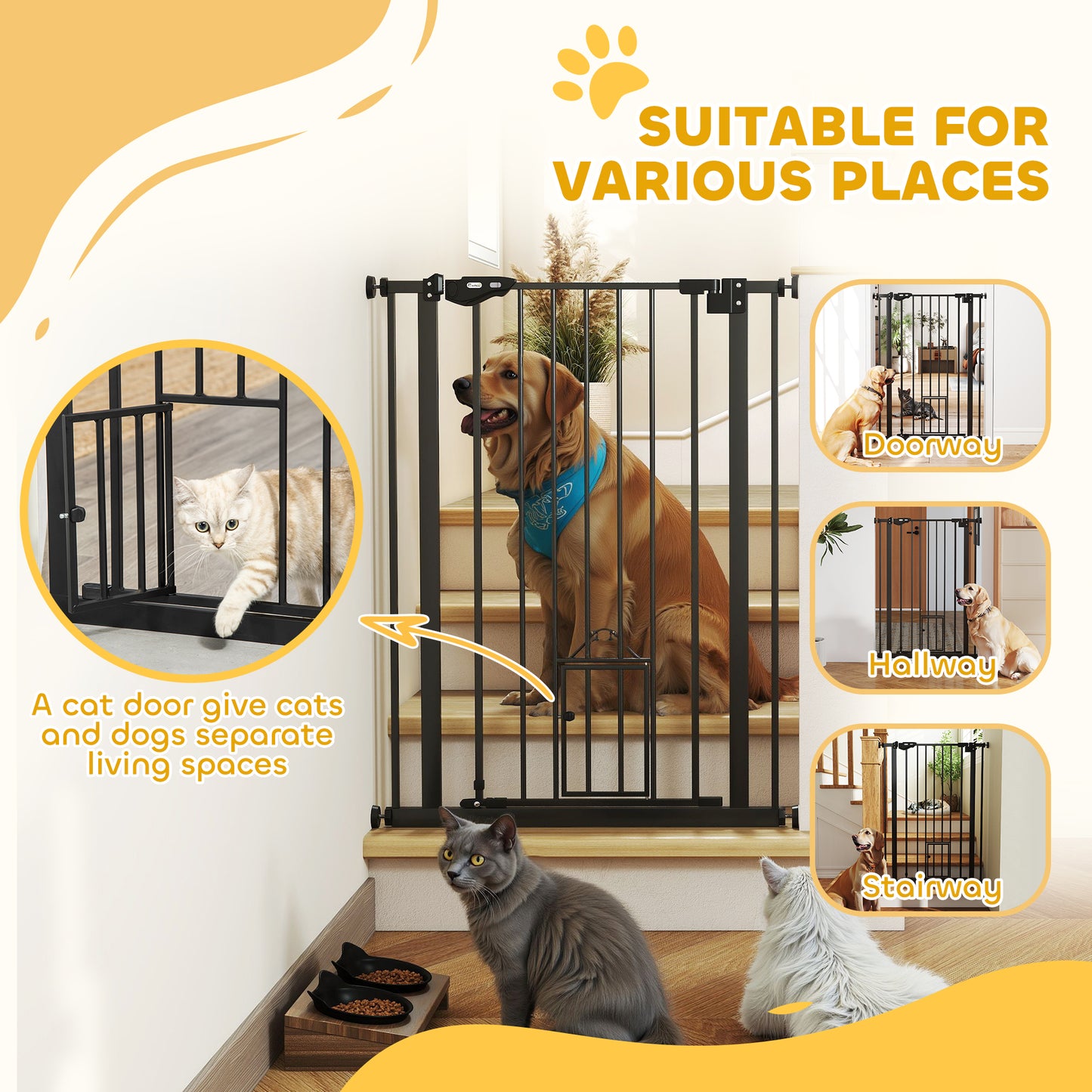 PawHut Extra Tall Pet Gate, Indoor Dog Safety Gate, with Cat Flap, Auto Close, 74-80cm Wide - Black--ChewyGames-ChewyGames