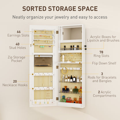 HOMCOM LED Mirror Jewellery Cabinet, Wall Mounted Full Length Mirror with Storage, Lockable Jewellery Organiser, White