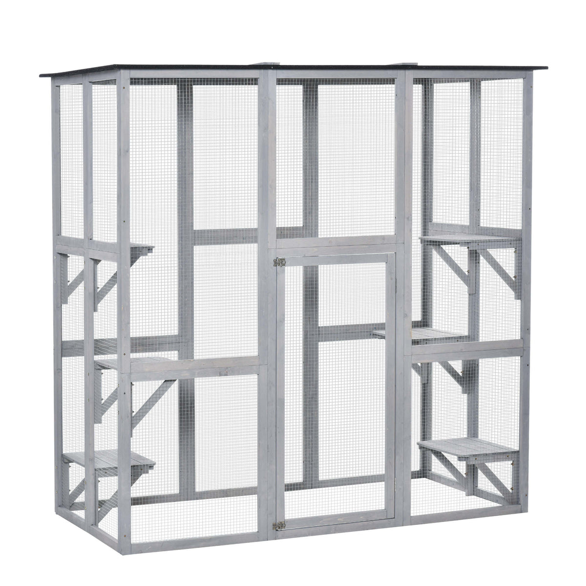 PawHut Wooden Catio Cat Outdoor Enclosure, Cat Cage with Waterproof Roof, Platforms, for Multiple Kittens, 180 x 98 x 180 cm