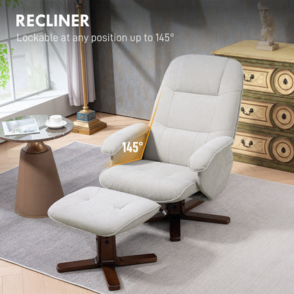 HOMCOM Linen Swivel Recliner Chair with Footstool, Upholstered Reclining Armchair with Wooden Base for Living Room, Light Grey--ChewyGames-ChewyGames