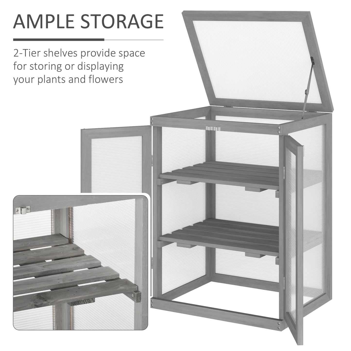 Outsunny 3-tier Wood Greenhouse Garden Polycarbonate Cold Frame Grow House w/ Storage Shelf, Dark Grey