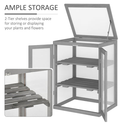 Outsunny 3-tier Wood Greenhouse Garden Polycarbonate Cold Frame Grow House w/ Storage Shelf, Dark Grey