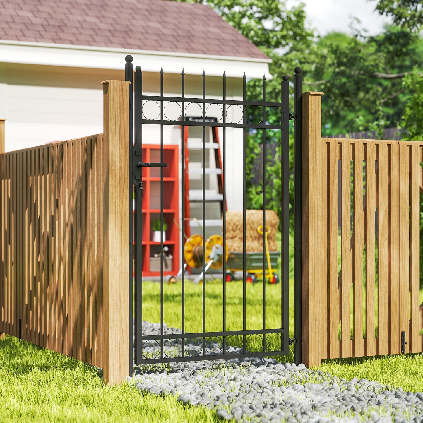 Outsunny Galvanised Steel Garden Gate, Outdoor Fence Gate Security Barrier with Lock, Keys and Handle, Outdoor Entrance Way Door with Classic Finials, 105 x 204 cm, Black--ChewyGames-ChewyGames