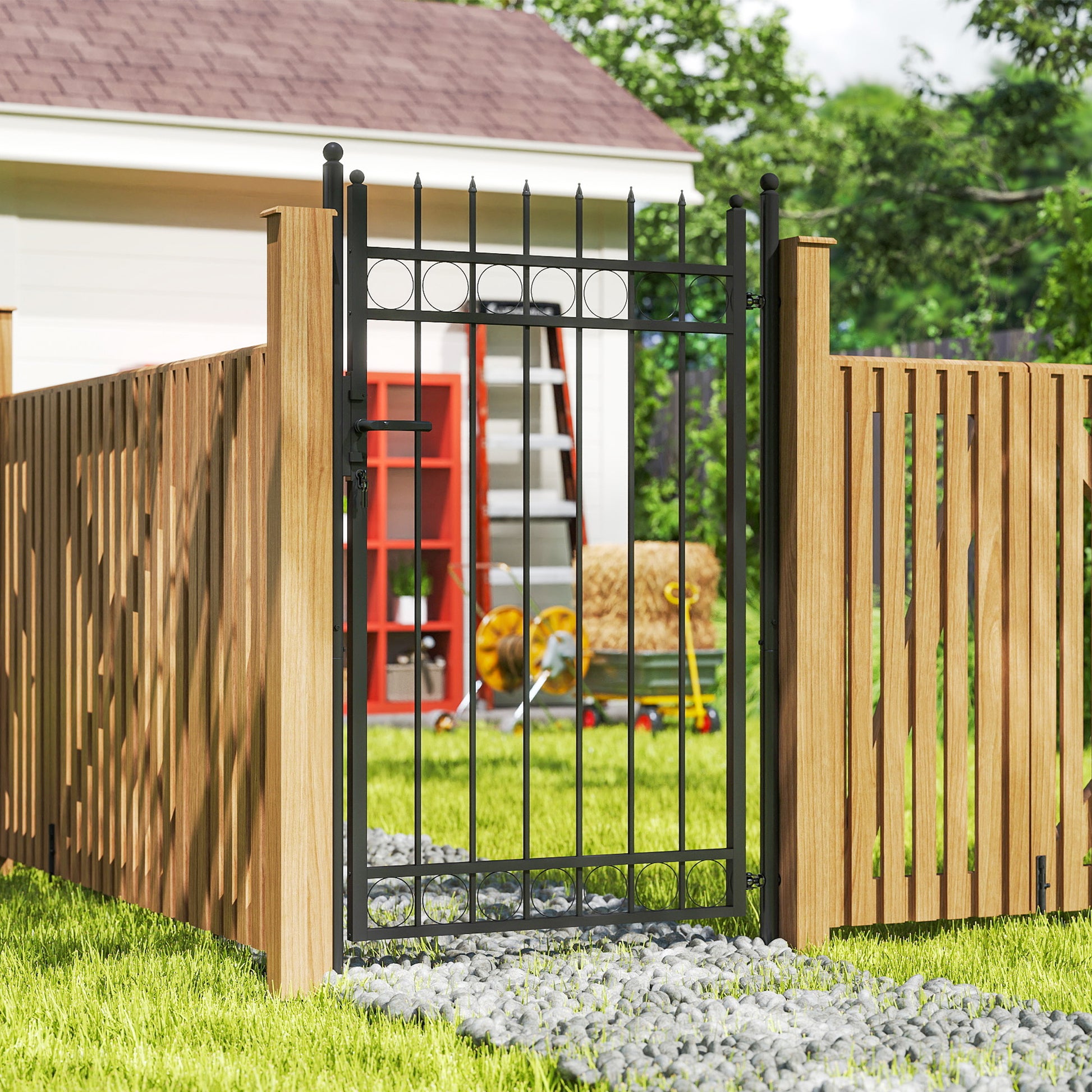 Outsunny Galvanised Steel Garden Gate, Outdoor Fence Gate Security Barrier with Lock, Keys and Handle, Outdoor Entrance Way Door with Classic Finials, 105 x 204 cm, Black--ChewyGames-ChewyGames