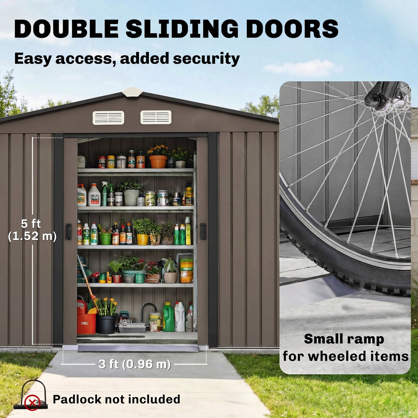 Outsunny 9 x 6ft Metal Garden Shed, Outdoor Storage Tool House with Ventilation Slots, Foundation Kit and Lockable Double Doors, Brown