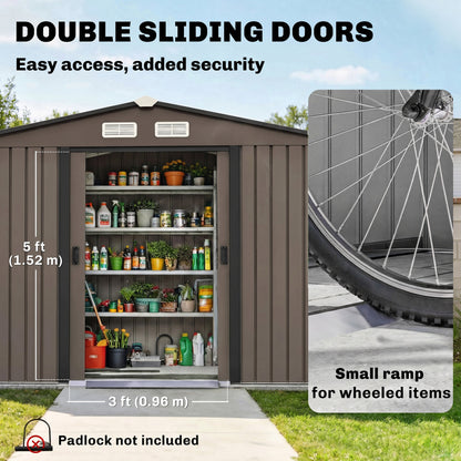Outsunny 9 x 6ft Metal Garden Shed, Outdoor Storage Tool House with Ventilation Slots, Foundation Kit and Lockable Double Doors, Brown