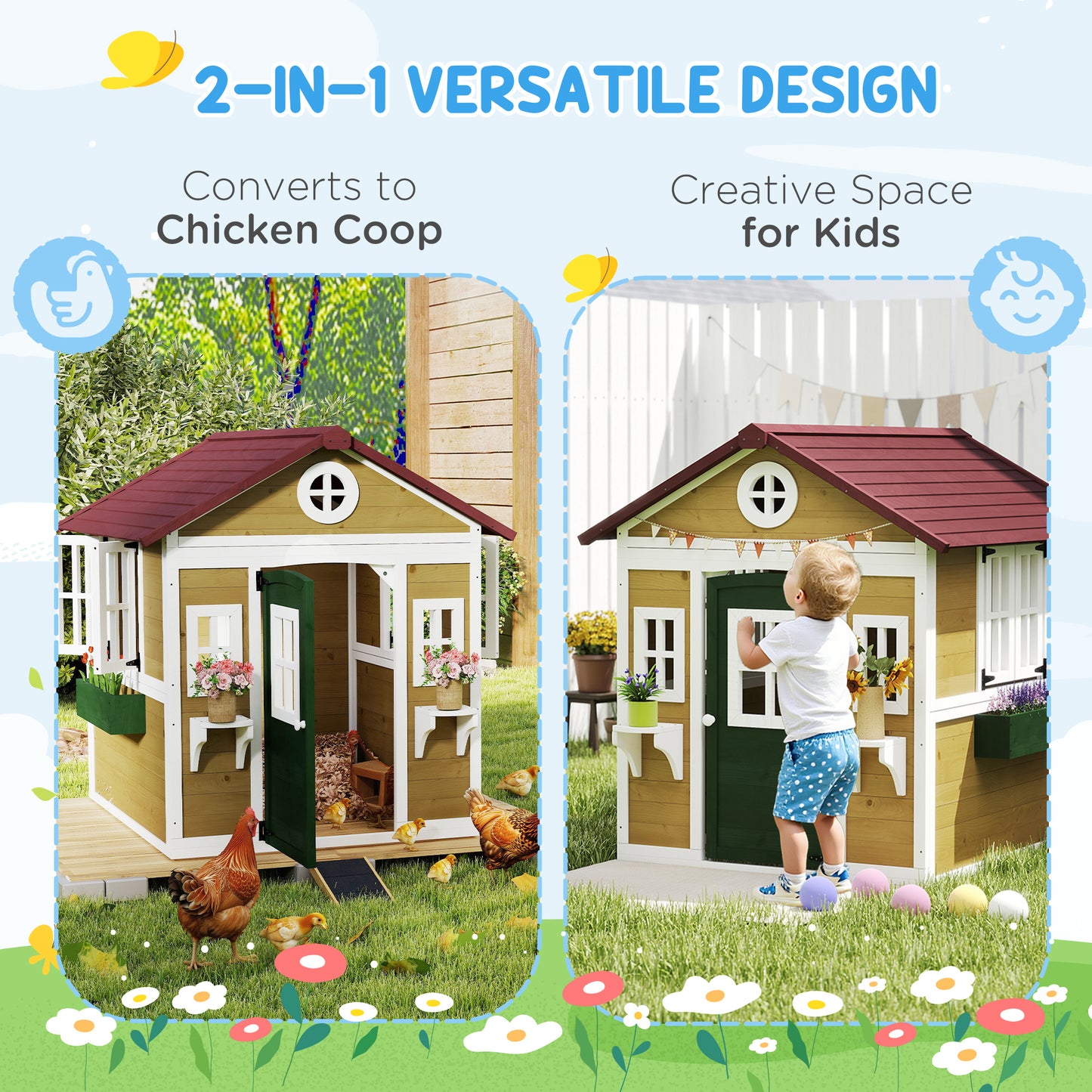 Outsunny Wooden Playhouse with Doors, Windows, Plant Pots, Boxes, for 3-8 Years - Beige
