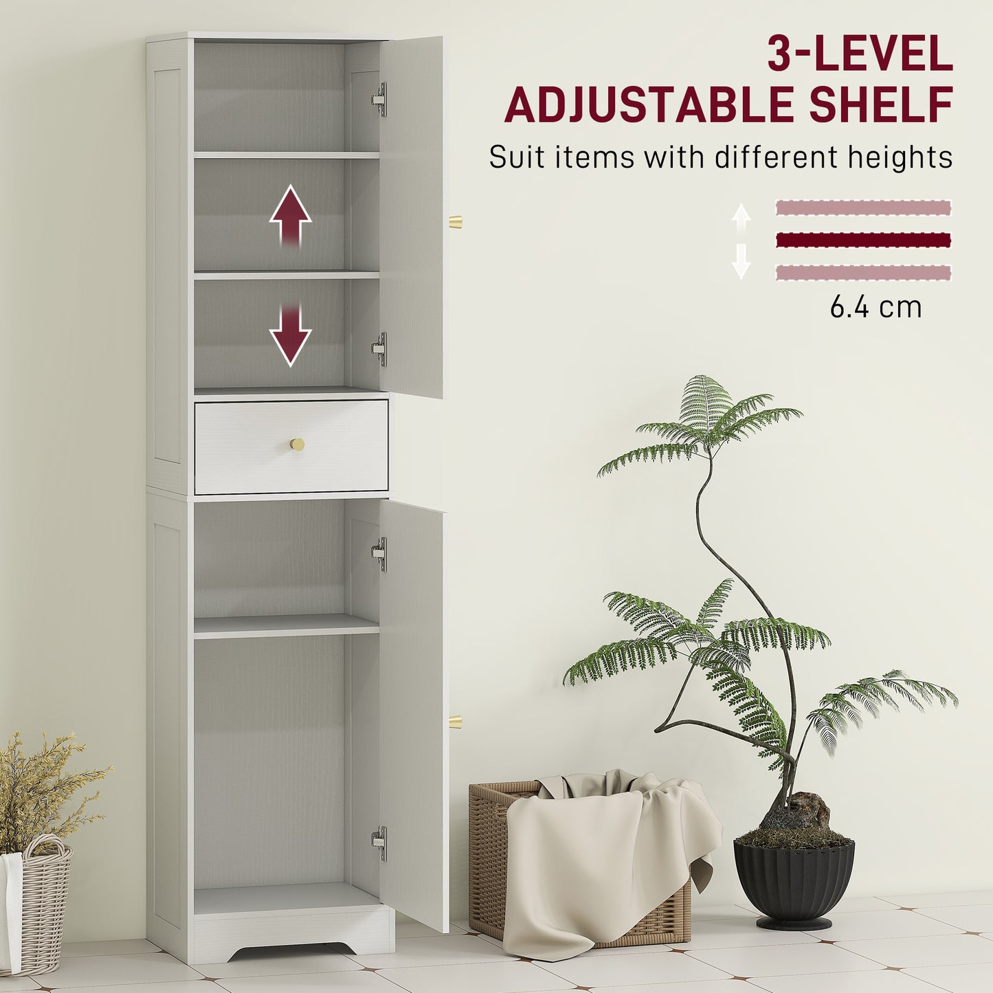 HOMCOM Tall Bathroom Cabinet with Arched Doors - White