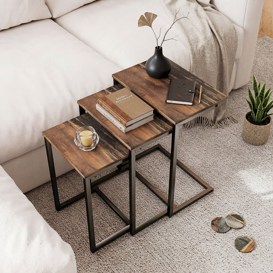 HOMCOM Nesting Side Tables Set of 3, C-Shaped Snack Side Tables with Steel Frame for Sofa Couch and Bed, Rustic Brown