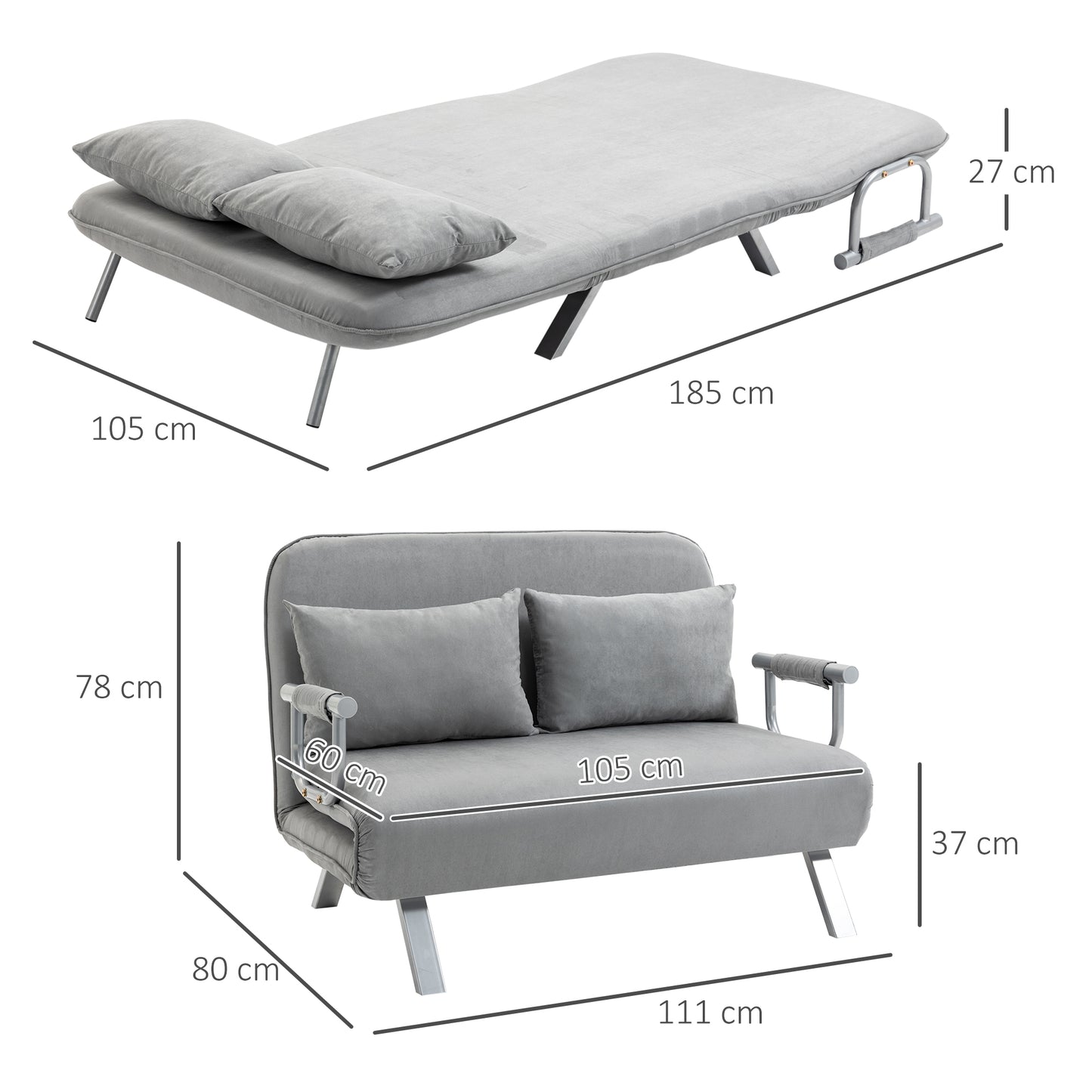 HOMCOM Two-Seater Click-Clack Sofa Bed with Pillows - Light Grey