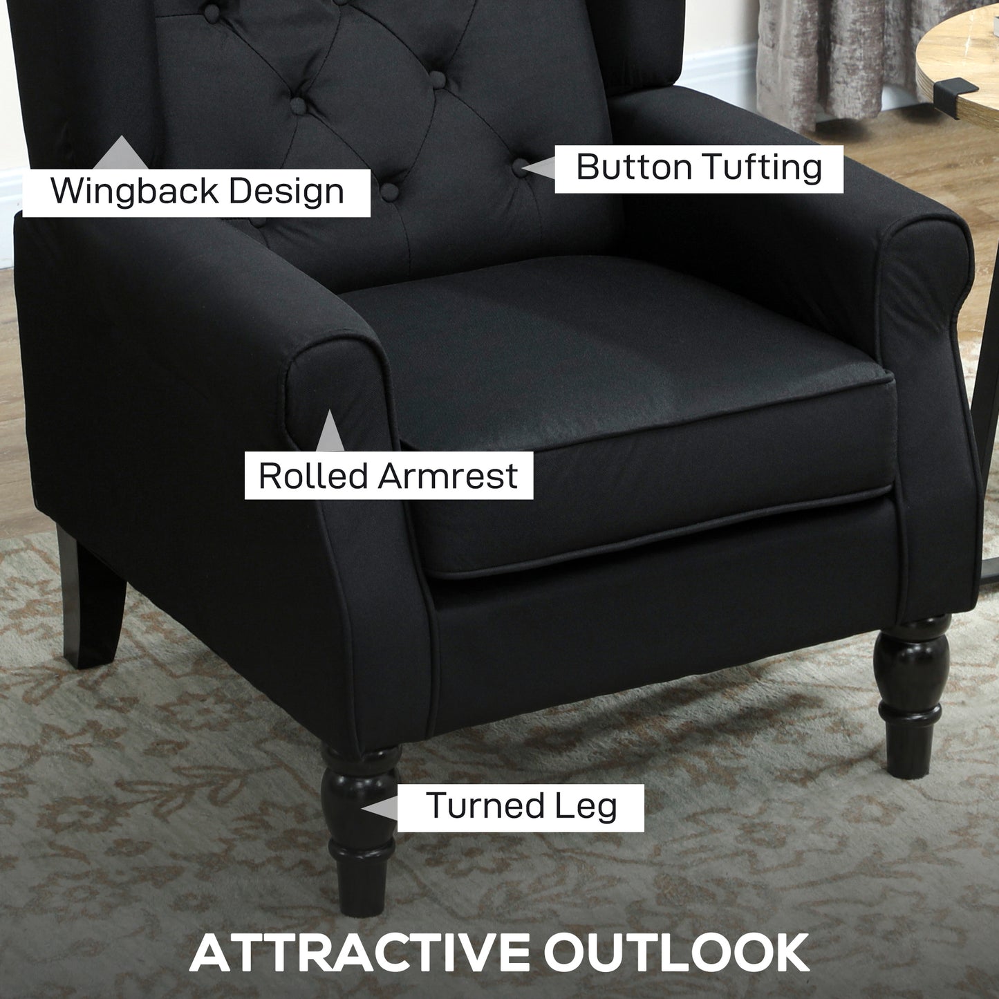 HOMCOM Wingback Accent Chair, Faux Linen Armchair with Thick Spring Cushion, High Back, Solid Wood Legs, Retro Button Tufted Reading Chair for Living Room, Bedroom, Black
