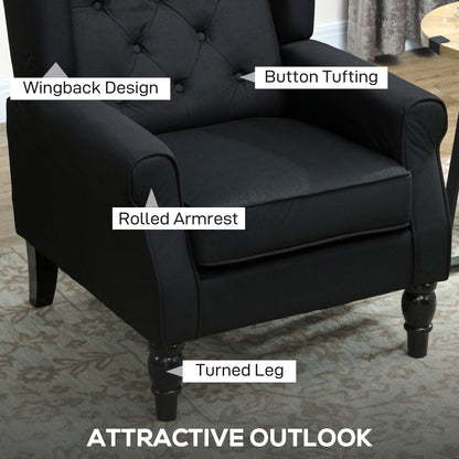 HOMCOM Wingback Accent Chair, Faux Linen Armchair with Thick Spring Cushion, High Back, Solid Wood Legs, Retro Button Tufted Reading Chair for Living Room, Bedroom, Black