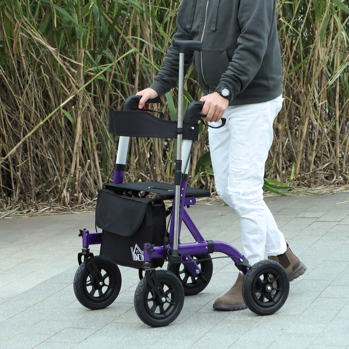 HOMCOM Folding Adjustable Rollator with Dual Brakes & 6 Adjustable Handle Heights for Seniors Purple