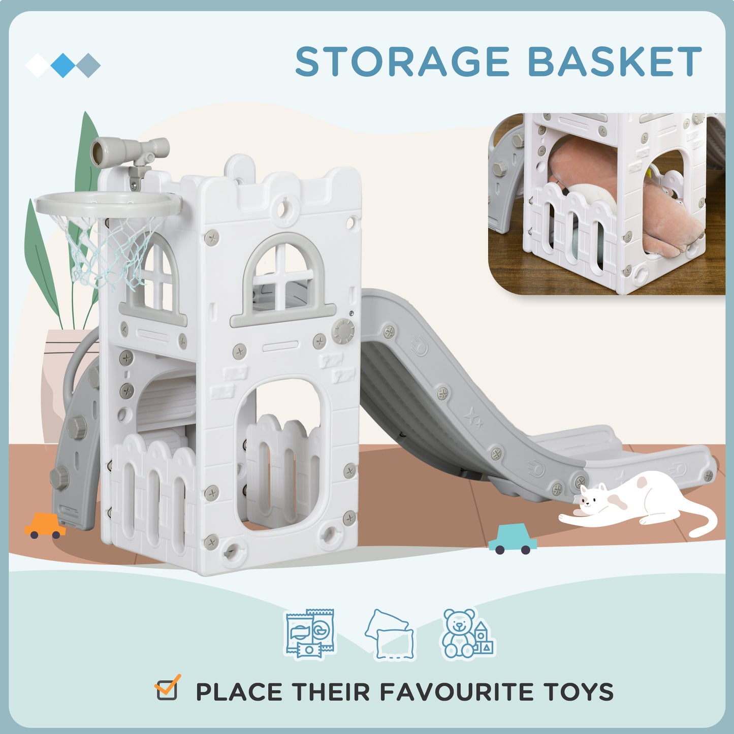 AIYAPLAY 5 in 1 Toddler Slide with Basketball Hoop, Climber, Telescope, Storage Basket, for Ages 1-3 Years, Grey