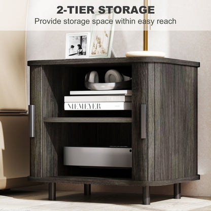 HOMCOM Nightstand with Sliding Doors and Metal Legs Grey