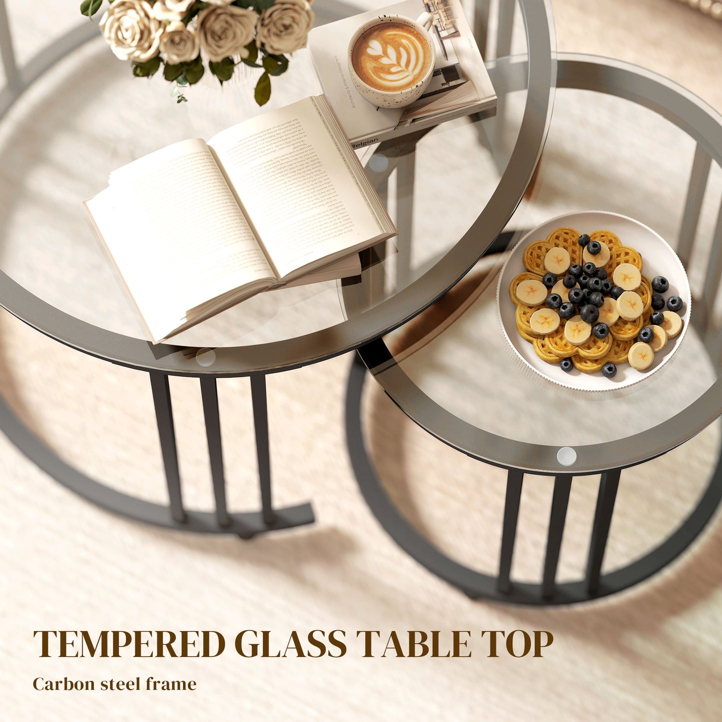 HOMCOM Round Coffee Tables Set of 2, Nesting Tables with Tempered Glass Top and Steel Frame, Black