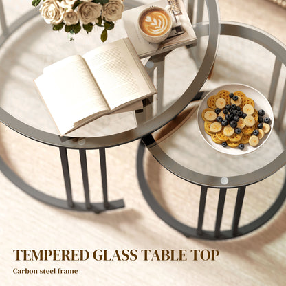 HOMCOM Round Coffee Tables Set of 2, Nesting Tables with Tempered Glass Top and Steel Frame, Black