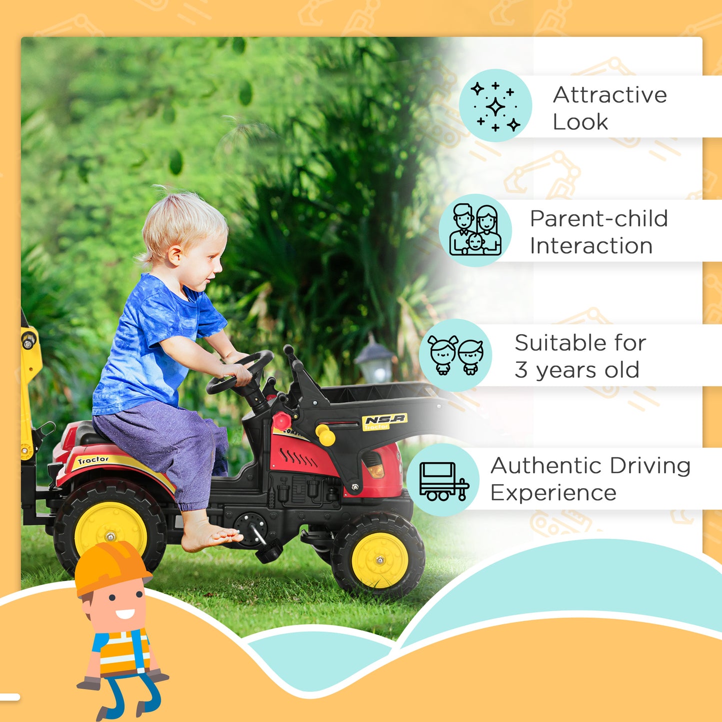 HOMCOM Ride On Tractor for Kids, 3 in 1 Ride On Excavator Toy Car with Adjustable Bucket, Digger and Removable Trailer, Pretend Play Construction Truck for 3-6 Years