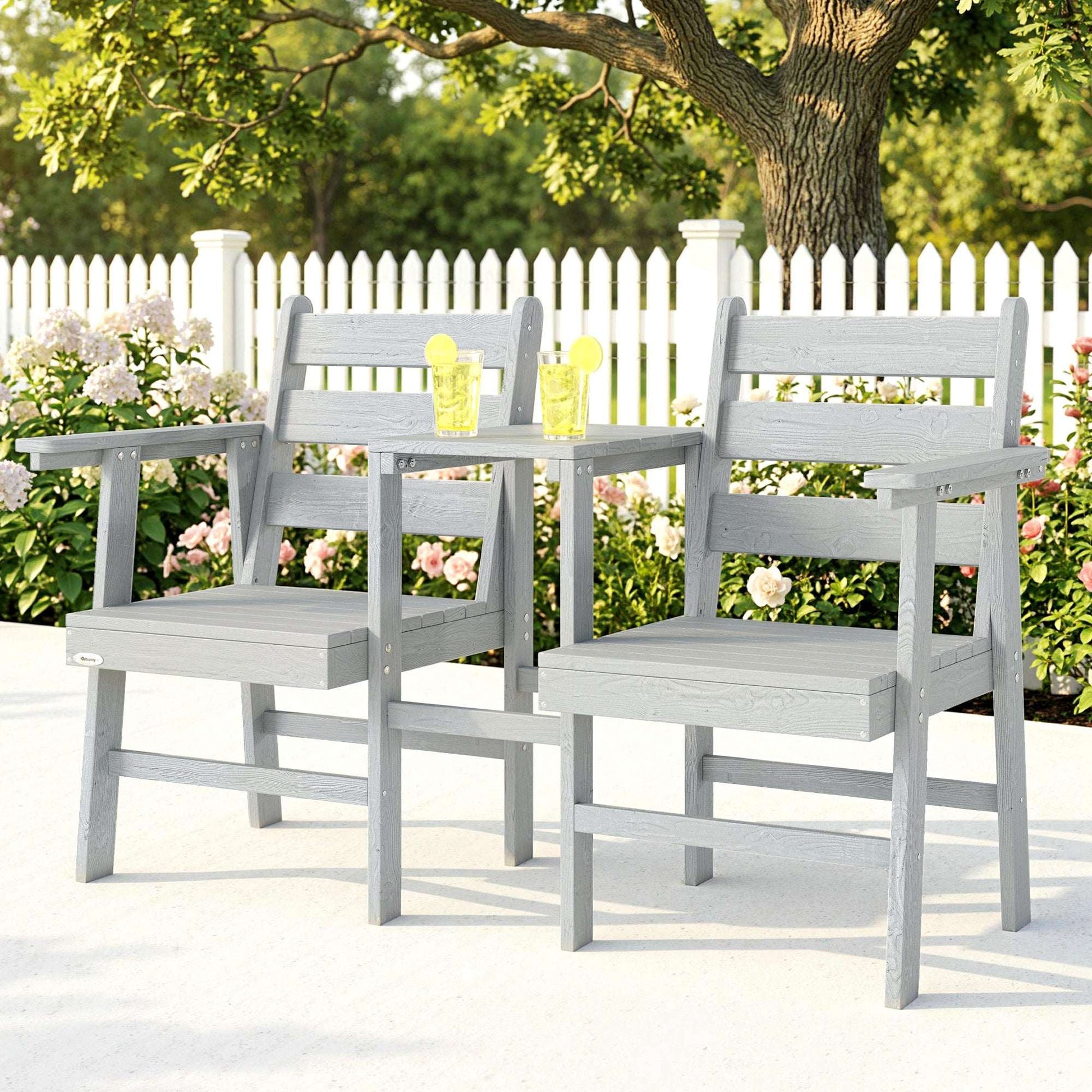 Outsunny Outdoor Garden Loveseat, Embossed Wooden Jack and Jill Garden Seat with Integrated Table, Grey