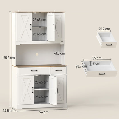 HOMCOM 175 cm Tall Kitchen Pantry Cabinet with Microwave Stand, Freestanding Pantry Cupboard, White