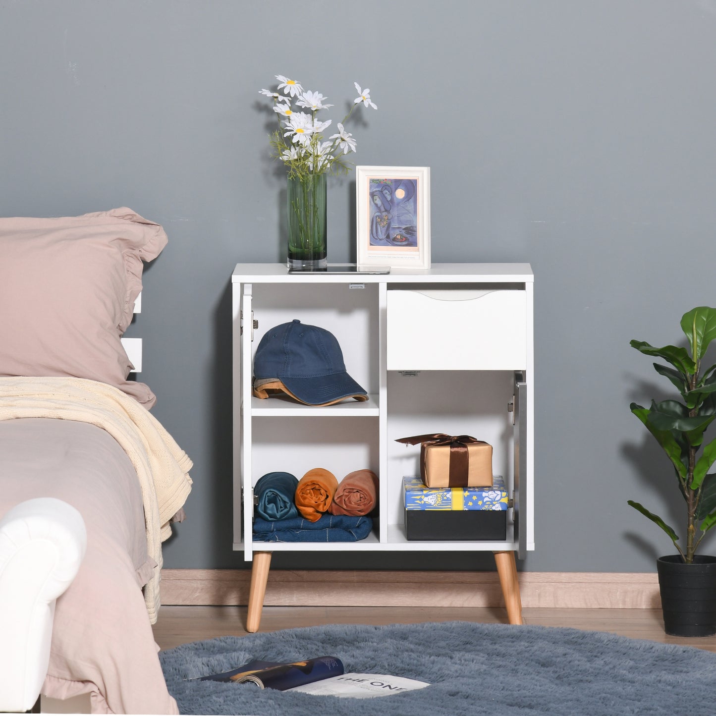 HOMCOM Sideboard Floor Cabinet Storage Cupboard with Drawer and Solid Wood Legs for Bedroom, Living Room, Entryway, Grey