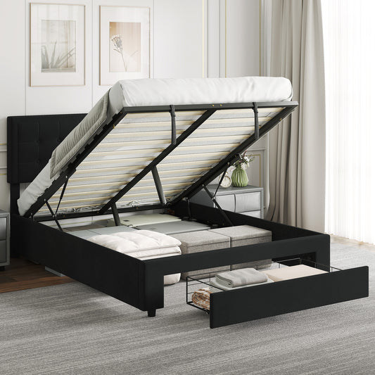HOMCOM Double Ottoman Bed Frame, with Front Drawer Black