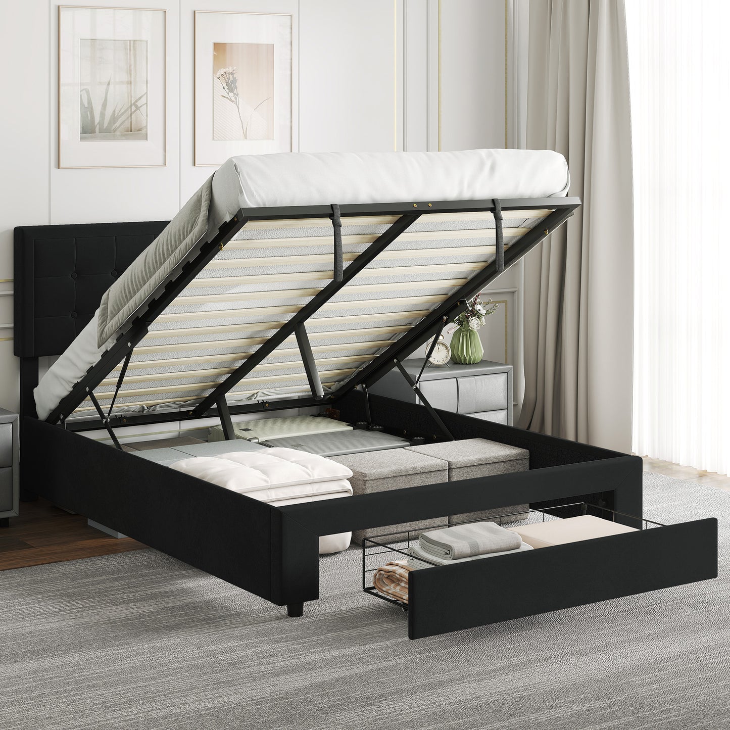 HOMCOM Double Ottoman Bed Frame, with Front Drawer - Black-Beds & Bed Frames-ChewyGames-ChewyGames