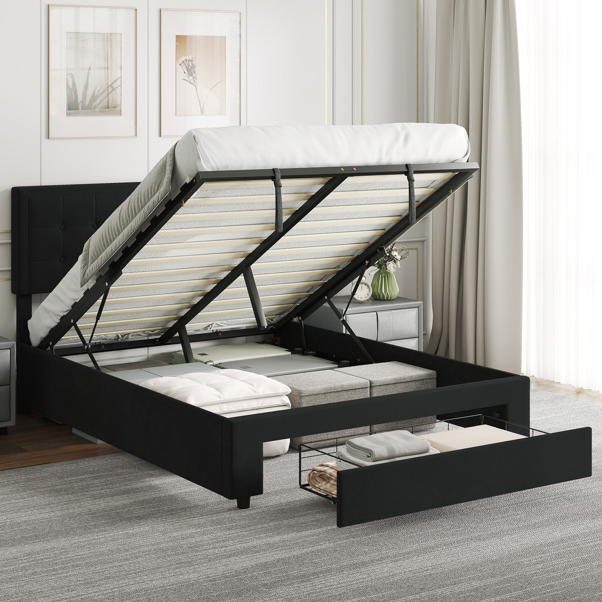 HOMCOM Double Ottoman Bed Frame, with Front Drawer - Black-Beds & Bed Frames-ChewyGames-ChewyGames