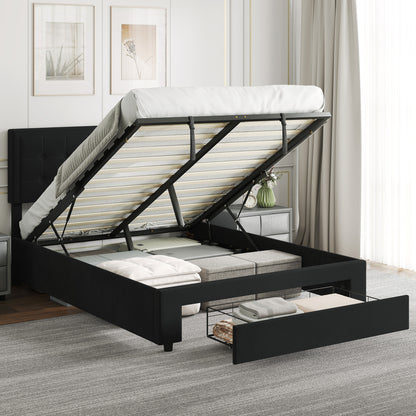 HOMCOM Double Ottoman Bed Frame, with Front Drawer - Black-Beds & Bed Frames-ChewyGames-ChewyGames