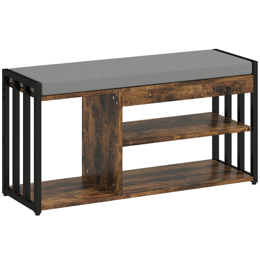 HOMCOM Shoe Storage with Seat, Upholstered Entryway Bench, Shoe Bench with 3 Open Shelves for Hallway, Rustic Brown--ChewyGames-ChewyGames