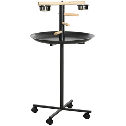 PawHut Parrot Perch Stand, Large Bird Play Stand, Metal Bird Table Feeder Station with Stainless Steel Bowls, Four Wheels, Round Tray, Black