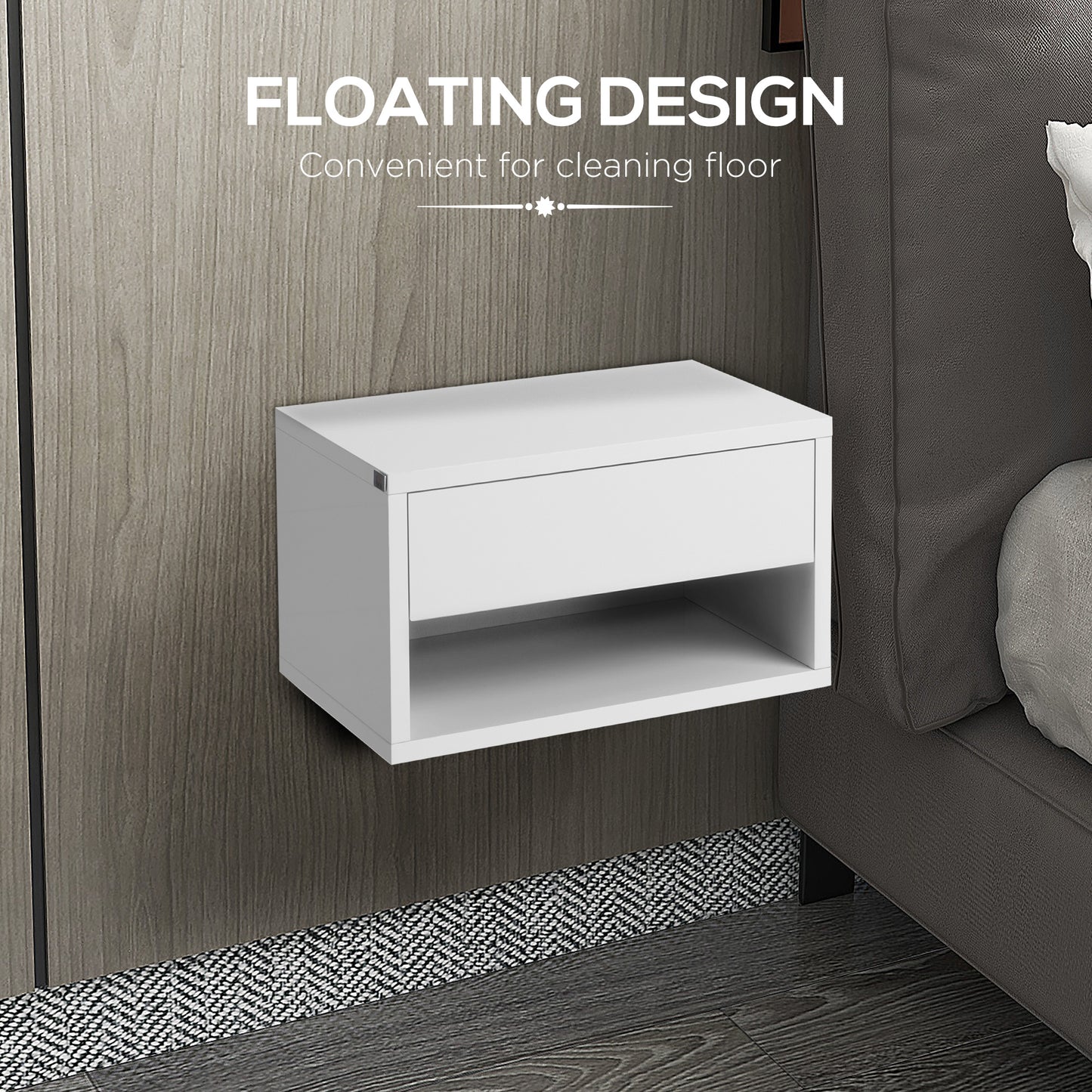 HOMCOM Set of Two Floating Bedside Tables - High Gloss White