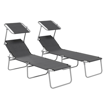 Outsunny Folding Sun Lounger Set of 2 with Canopy, Reclining Sunbed with 4-Position Adjustable Backrest, 600D Oxford Cloth, Portable Garden Lounger Recliner Chair for Beach, Camping, Patio, Grey