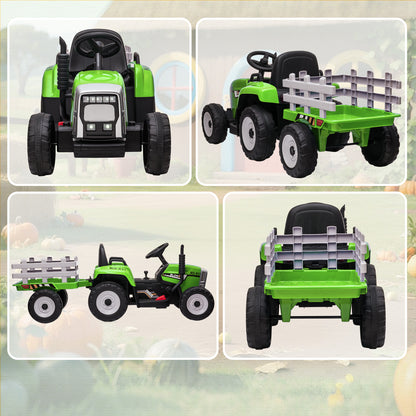 HOMCOM Ride On Tractor, Battery Powered Electric Car, with Detachable Trailer, Remote Control, Music - Green